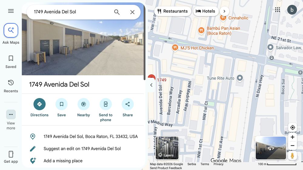 Google Maps screenshot showing 1749 Avenida Del Sol in Boca Raton